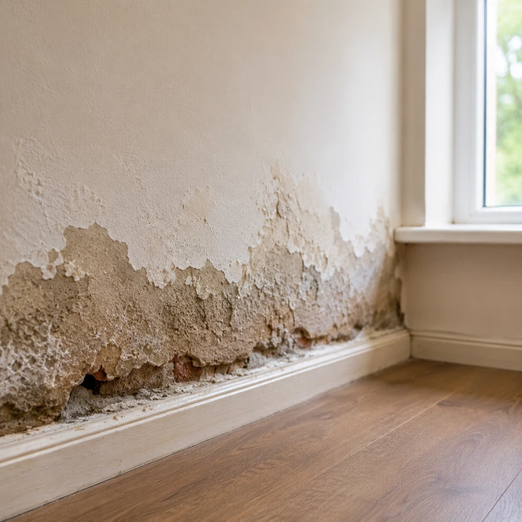 Diagram showing moisture rising through wall from ground level causing damp in Nottingham property